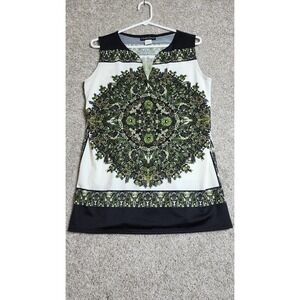 Christine Gerard Boho Mandala Print Sleeveless Top Green & Black Split V-Neck Lg